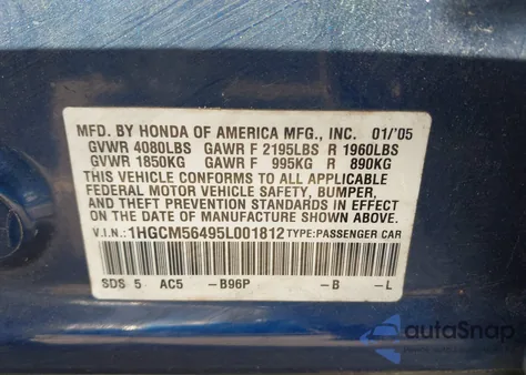 2005 Honda Accord 2.4 Lx z USA, uszkodzony, nr VIN 1HGCM56495L001812